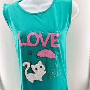 rhinestone, graphic, playful tank with rhinestone cat design on the front, W131